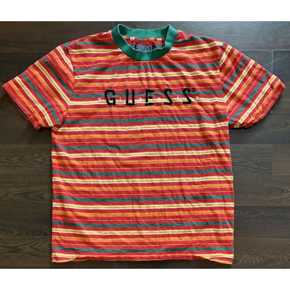 Guess x J Balvin Men's Orange Green Stripe Shirt- Men's Large